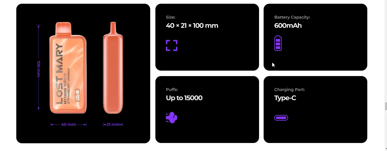 LOST MARY MT15000 DISPOSABLE Specifications
