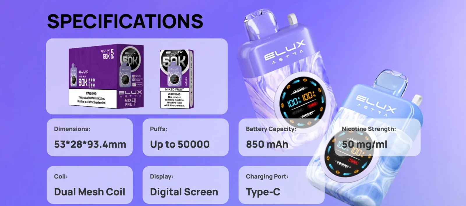 Elux Astra 50000 Puffs Disposable Vape 50MG Specification Image Gen Vape Dubai
